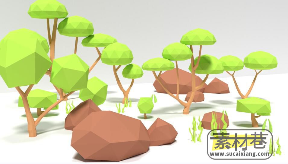 低多边形树木草地岩石灌木丛自然游戏模型素材包
