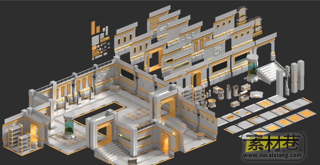 3D模块化科幻室内场景和道具游戏模型包