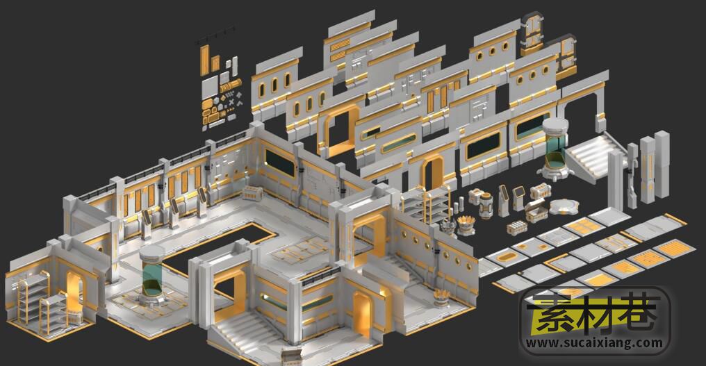 3D模块化科幻室内场景道具游戏模型包
