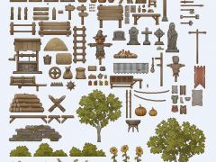 2D村庄道具树木岩石草地瓷砖箱子游戏素材包