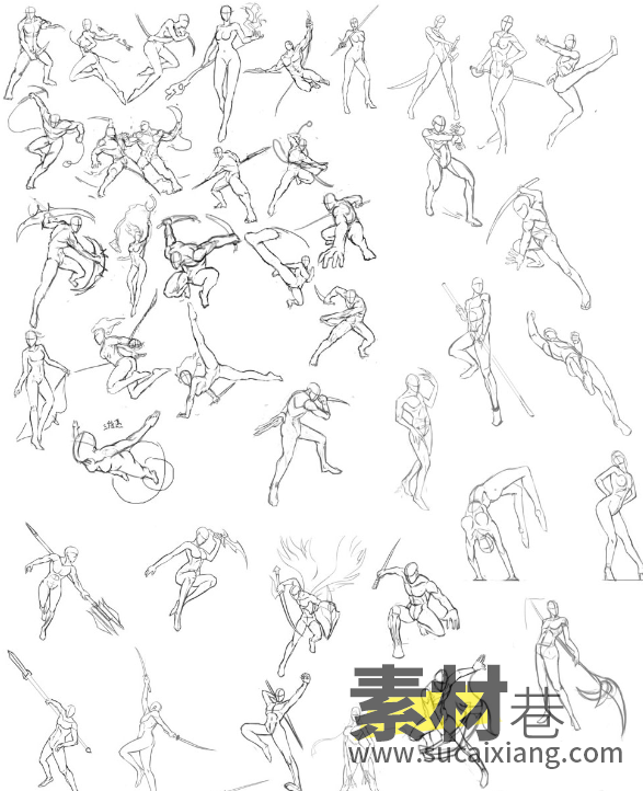 游戏人物角色动作姿势造型设计线稿参考图