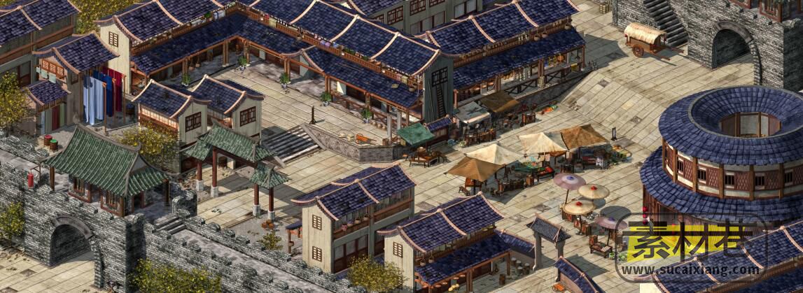 2D古代城楼房屋建筑集市地图场景游戏素材