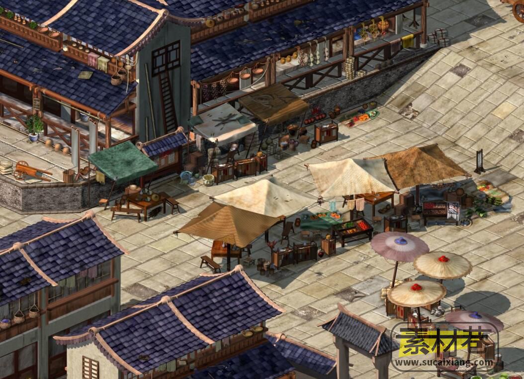 2D古代城楼房屋建筑集市地图场景游戏素材