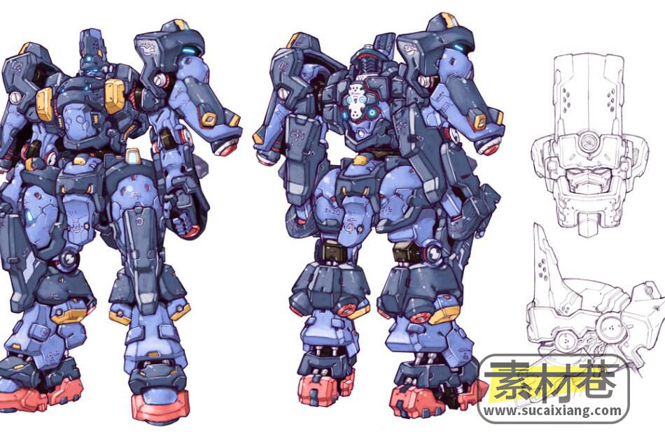 日韩风格游戏机器人机甲人物角色设定图和场景线稿原画素材