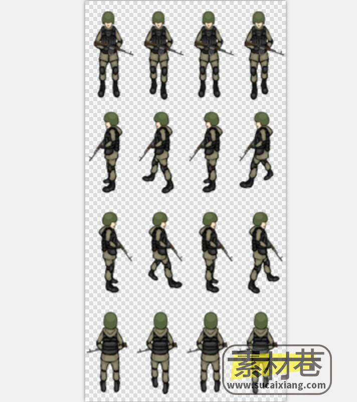 2D军事战争题材游戏士兵与装甲车四方向行走素材