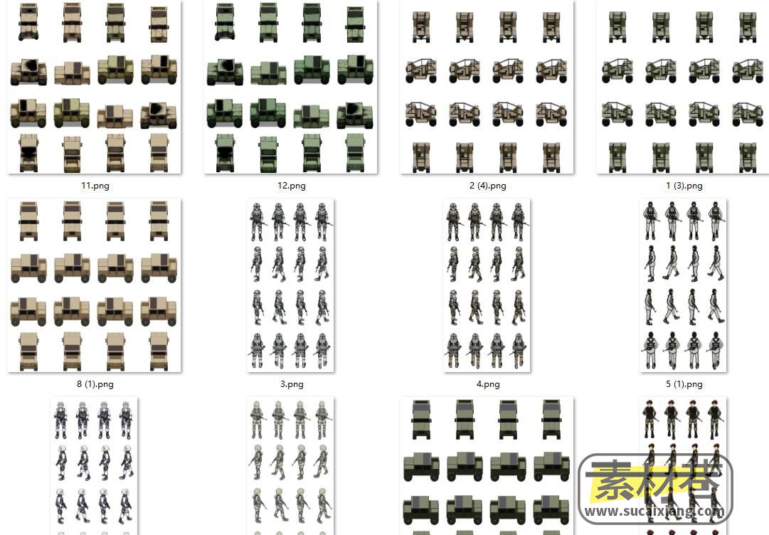 2D军事战争题材游戏士兵与装甲车四方向行走素材