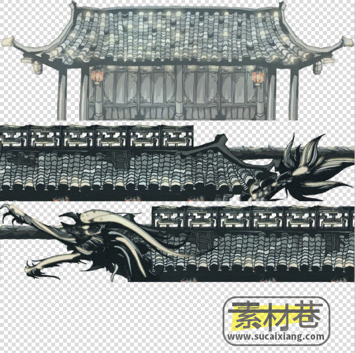 2D横版水墨风格武侠游戏房屋建筑树木素材