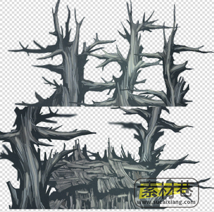2D横版水墨风格武侠游戏房屋建筑树木素材