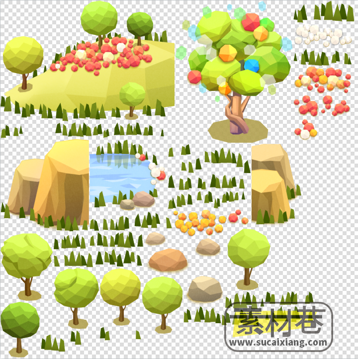 2D低多边形树木山石植物游戏素材