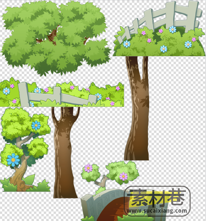 2D横版跑酷冒险游戏道路树木植物素材