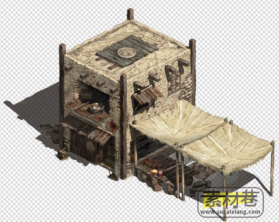 2.5D沙漠土楼房屋建筑和帐篷游戏素材