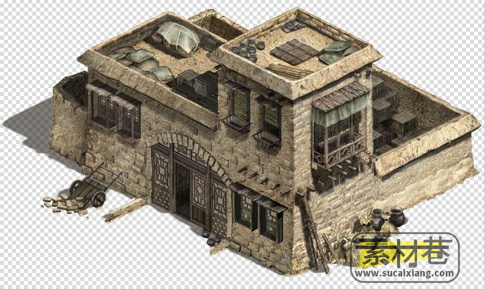 2.5D沙漠土楼房屋建筑和帐篷游戏素材