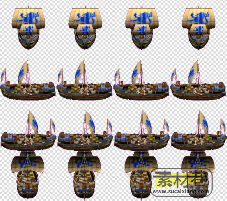 2D游戏古代带帆船只素材（4方向）