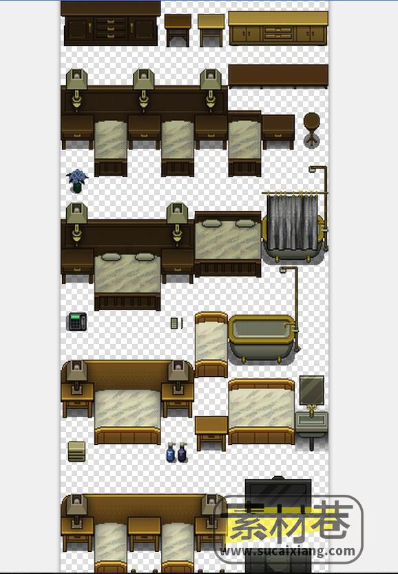 2D游戏旅馆与餐厅室内家具场景素材