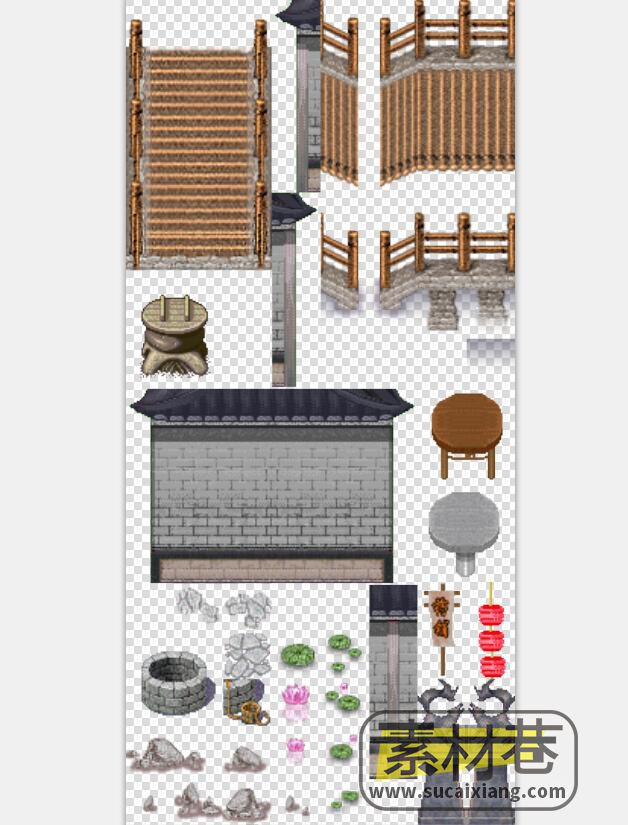 2D古典中华风游戏房屋与场景摆件素材