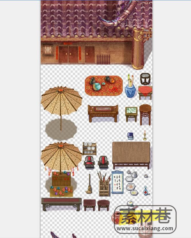 2D古典中华风游戏房屋与场景摆件素材