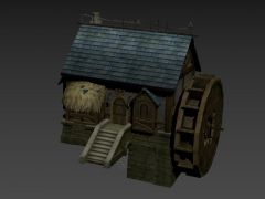 游戏中世纪带水车的房屋3D模型