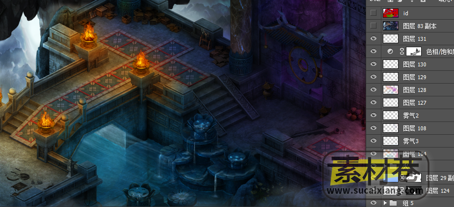 2.5D武侠游戏地下墓室与山水房屋高清地图场景素材