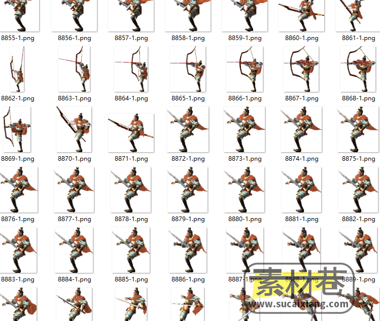 2D横板手拿弓箭长剑武将骑乘动作序列帧游戏素材