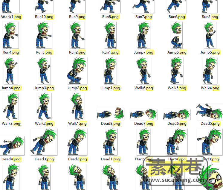 2D绿发僵尸动画骨骼部件游戏素材
