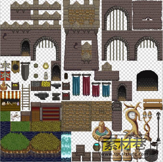 2d像素rpg游戏城堡城墙地图场景瓷砖素材