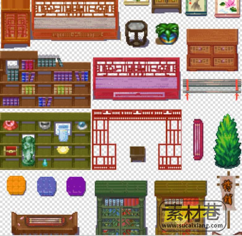 2D东方古典风格像素RPG游戏房屋家具物品花草树木素材