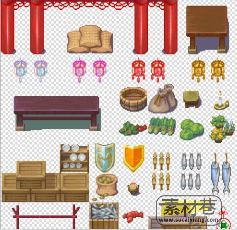2D东方古典风格像素RPG游戏房屋家具物品花草树木素材