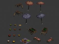 古风游戏水果摊木伞桌凳板车3D模型