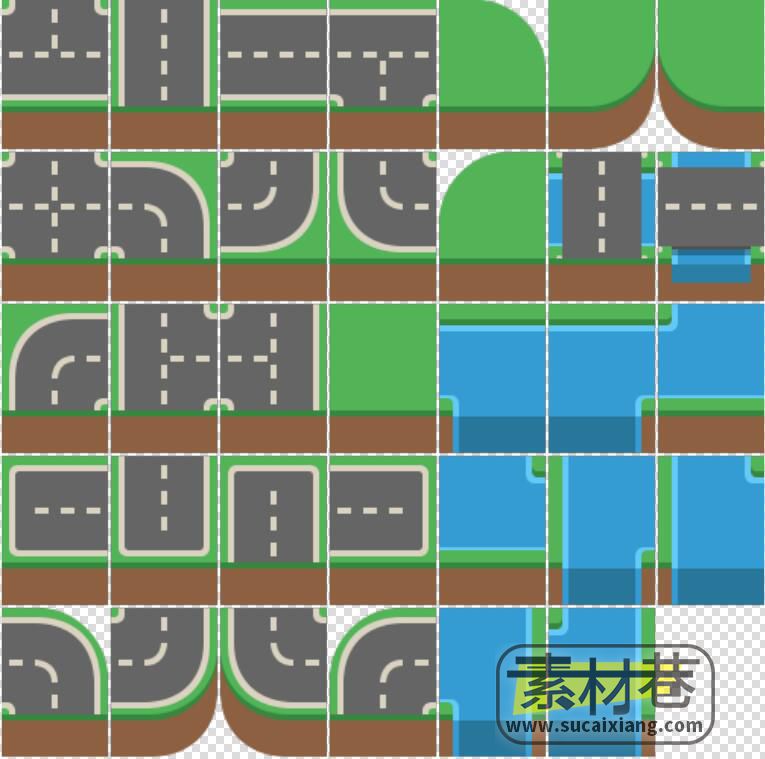 2D方形风格都市房屋建筑道路汽车休闲类游戏素材