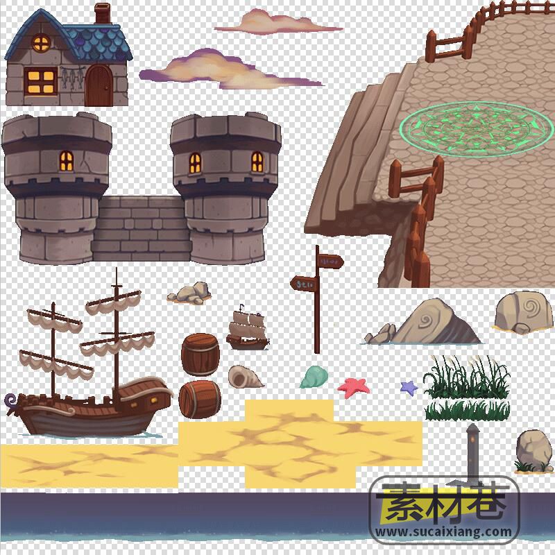 2D沙漠冰川岩石海港游戏场景道具素材