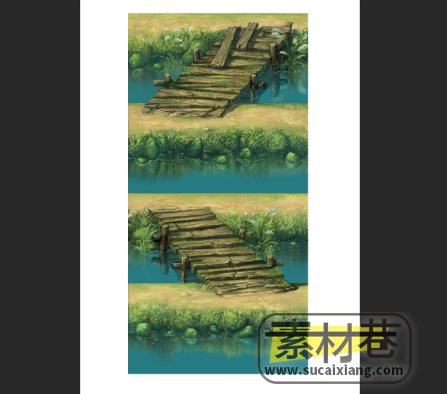 2D荷花水草木桥河岸设计图素材