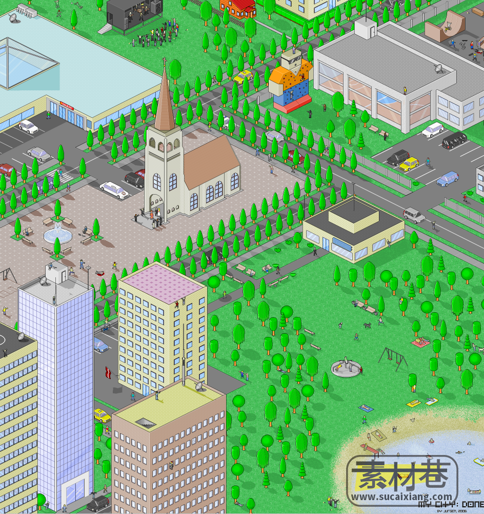 2d模拟经营游戏城镇房屋树木道路车辆素材