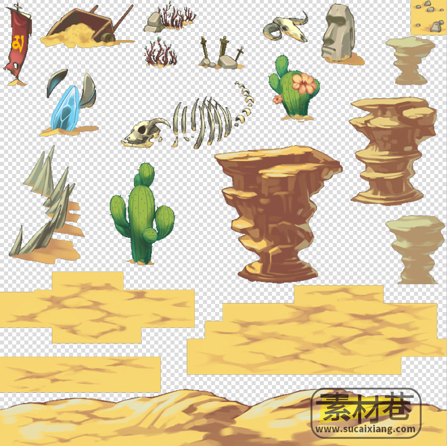 2D横版沙漠冰川岩浆树木游戏场景道具素材