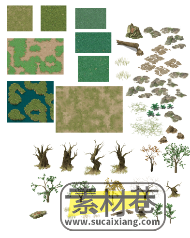 2D草地树木花草植物石块游戏素材