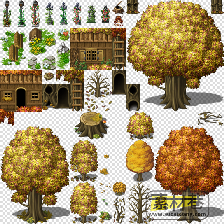 2DRPG游戏桌椅柜子家具电器盆景花草树木房屋等素材