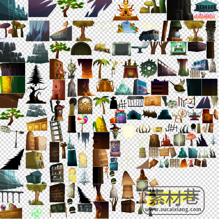 2d横版场景建筑树木植物道具游戏素材