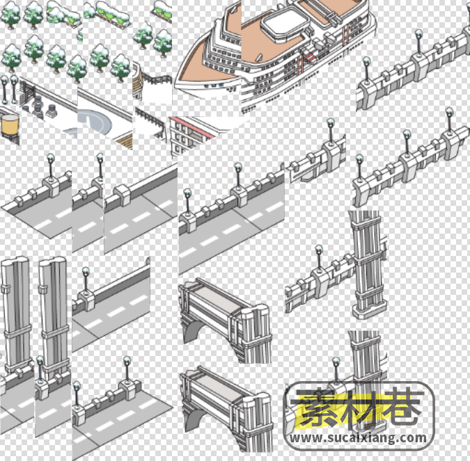 2D简洁风现代都市村庄街道地图道具建筑设施游戏素材