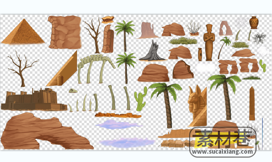 2D横版探险游戏山石沙漠树木雕像古迹素材