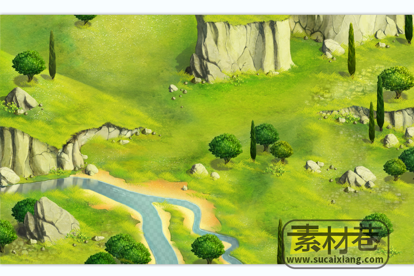 2D草地溪流碎石树木游戏地图场景素材